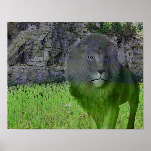 Lion Cattails Stone Wall Fantasy Art Poster (Voorkant)