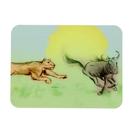 Lion Chasing Buffalo in Wilde Foto Magnet Magneet (Horizontaal)