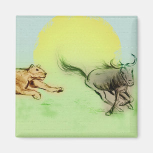 Lion Chasing Buffalo in Wilde Square Magnet