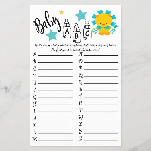 LION COLORFUL ABC BABY SHOWER GAME KAART (Voorkant)
