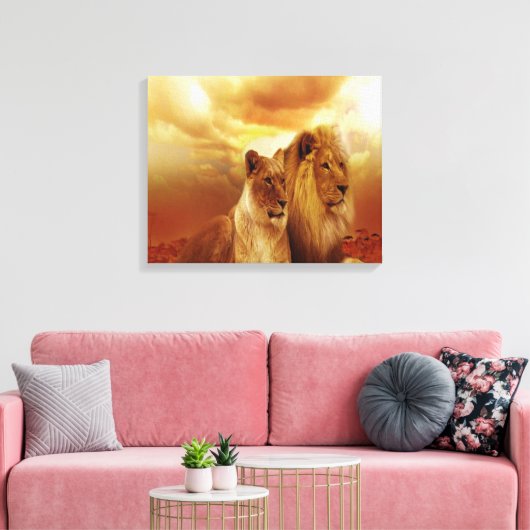 Lion Couple bij zonsondergang Canvas Afdruk (Insitu (Woonkamer))
