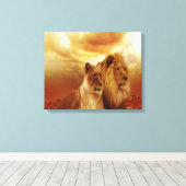 Lion Couple bij zonsondergang Canvas Afdruk (Insitu (Houten vloer))