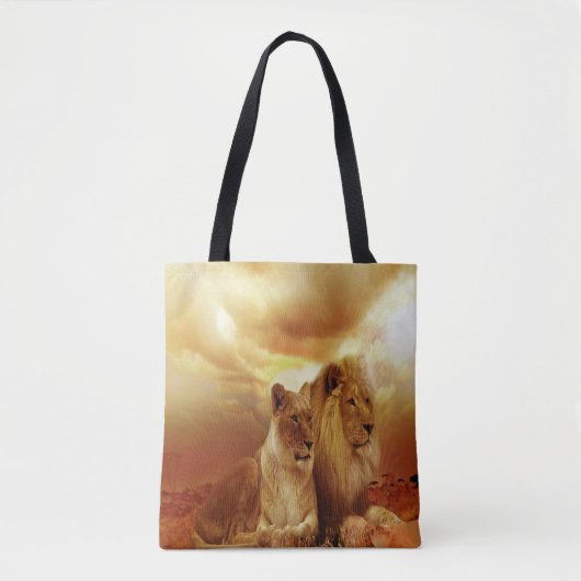 Lion Couple bij zonsondergang Tote Bag (Voorkant)