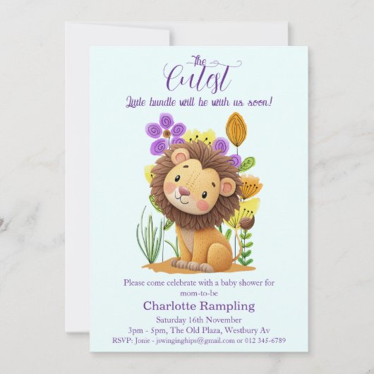 Lion Cub Baby shower op Azure Invitation Kaart (Voorkant)