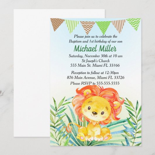 Lion Cub Baptism & 1st Birthday Uitnodiging (Voorkant / Achterkant)