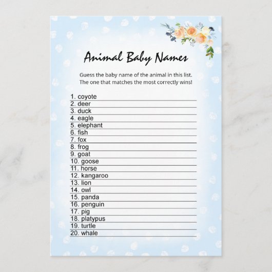 Lion Cub Bloemen Blauw Dier Baby Namen Douche Spel Programmakaart (Voorkant)