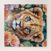 Lion Cub Bloemen Waterverf Portretkunst Legpuzzel (Horizontaal)