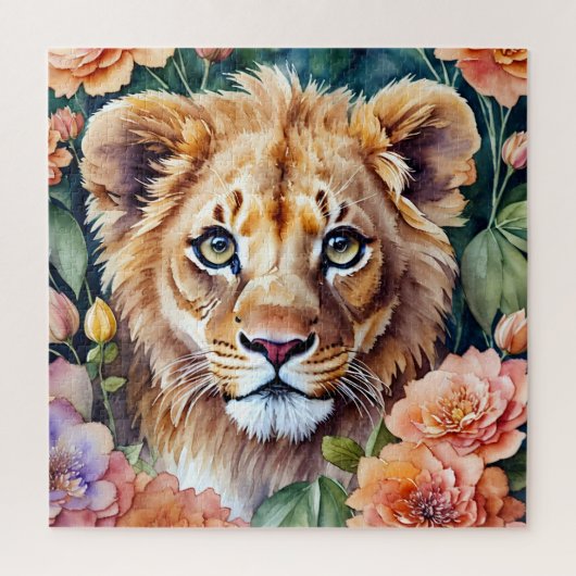 Lion Cub Bloemen Waterverf Portretkunst Legpuzzel (Verticaal)