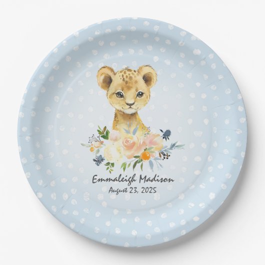 Lion Cub Blue Baby shower Party Papieren Bordje (Voorkant)