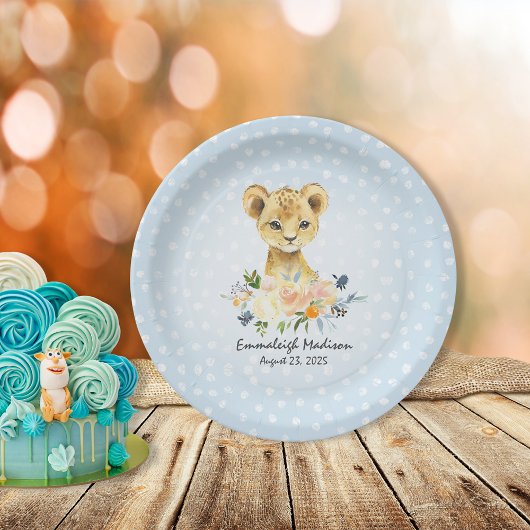 Lion Cub Blue Baby shower Party Papieren Bordje