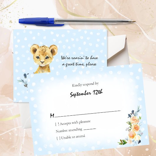 Lion Cub Blue Baby shower RSVP Informatiekaartje