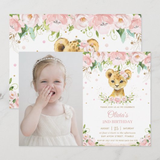 Lion Cub Blush Pink Floral Birthday Foto Kaart (Voorkant / Achterkant)