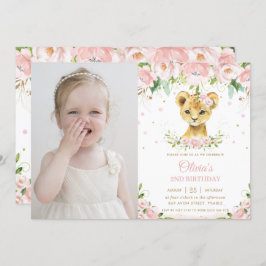 Lion Cub Blush Pink Floral Birthday Foto Kaart