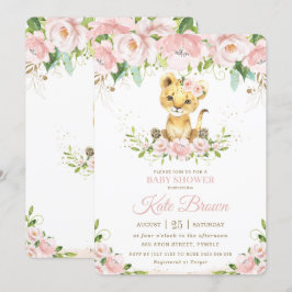 Lion Cub Blush Pink Floral Girl Baby shower Kaart