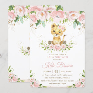 Lion Cub Blush Pink Floral Girl Baby shower Kaart