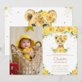 Lion Cub Yellow Floral Gold 1e verjaardag Foto Kaart (Voorkant / Achterkant)