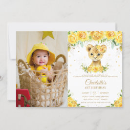 Lion Cub Yellow Floral Gold 1e verjaardag Foto Kaart