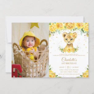 Lion Cub Yellow Floral Gold 1e verjaardag Foto Kaart