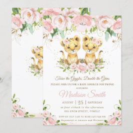 Lion Cubs Blush Pink Floral Twins Baby shower Kaart