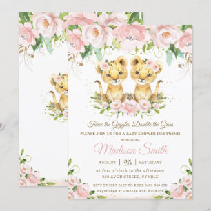 Lion Cubs Blush Pink Floral Twins Baby shower Kaart