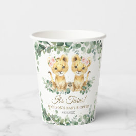 Lion Cubs Greenery Twin Girls Baby Shower  Papieren Bekers