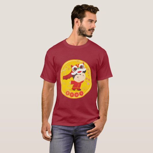 Lion Dance Chinees Nieuwjaar Geluk Mannen T-shirt (Voorkant volledig)