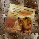 Lion en Lioness Jig Puzzle Bible Verse Legpuzzel<br><div class="desc">Regal Lion en Lioness jigzaag puzzle, met scriptuur Joshua 1:9 "Heb ik u niet besteld? Wees sterk en van goede moed; wees niet bang, noch ontzet, want de Heer is je God bij je, waar je ook gaat." Achtergrondschaduwen van browns en goud! Een bemoedigende scriptie om je leven op te...</div>