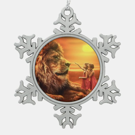 Lion en Little Girls Tin Sneeuwvlok Ornament (Voorkant)