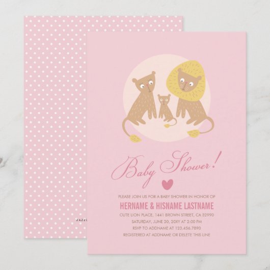 Lion Family Pink Baby shower Nodig Roze uit Kaart (Voorkant / Achterkant)