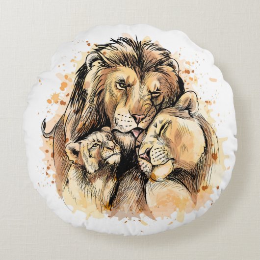Lion Family Rond Kussen (Voorkant)