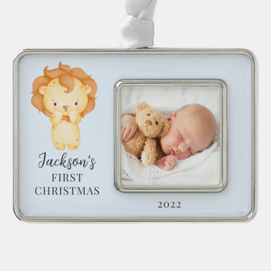Lion First kerstfoto kerstversiering Verzilverd Omlijst Ornament (Voorkant)
