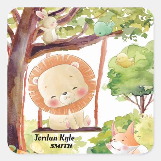 Lion, Fox, Bunny en Birds Blush Natuur slikken Vierkante Sticker (Voorkant)