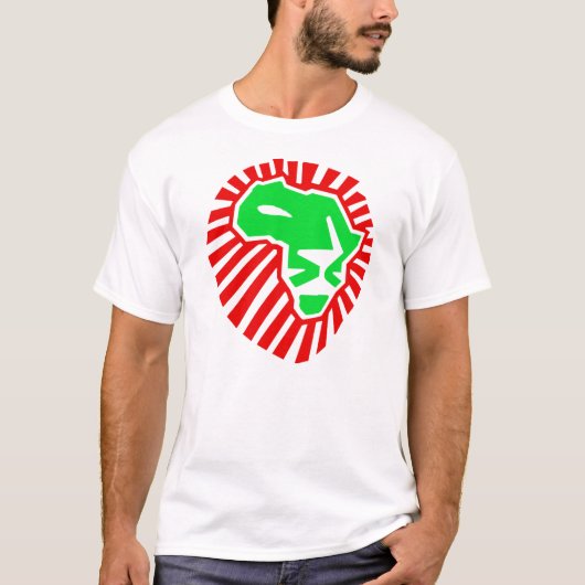Lion gaat deze keer naar Afrika. Groen rood T-shirt (Voorkant)
