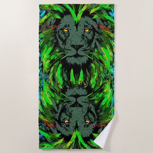 Lion Head Beach Towel | Green Lion Beach Towel Strandlaken (Voorkant)