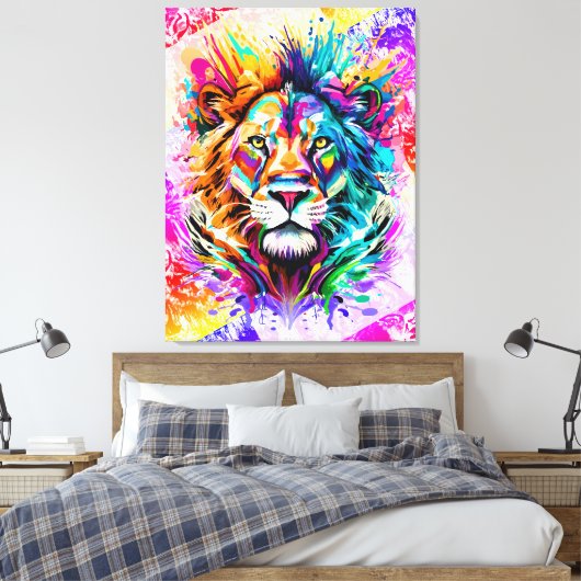 Lion Head - Kleurrijke Lion Cat schilderij Canvas Afdruk (Insitu (Slaapkamer))