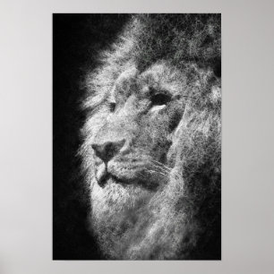 Lion Head Mane Zwart-wit Fine Line Art Poster