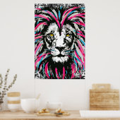Lion Head-Poster afdrukken | Poster blauwe roze li (Keuken)