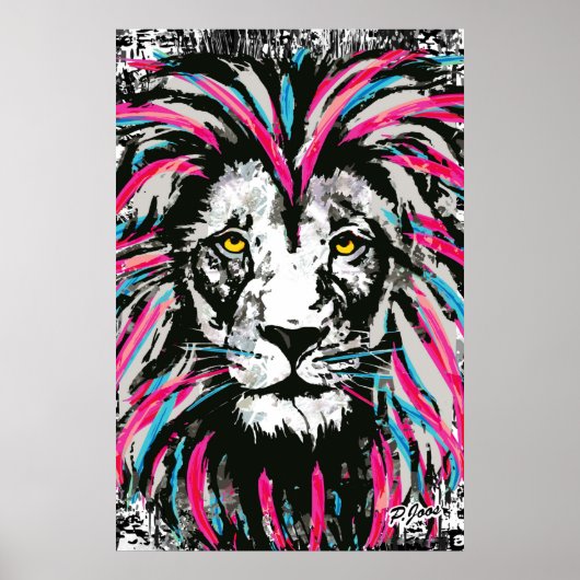 Lion Head-Poster afdrukken | Poster blauwe roze li (Voorkant)