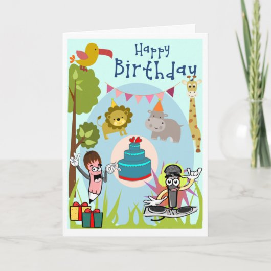 Lion, Hippo, Giraffe in de Wild Birthday Card Feestdagen Kaart (Voorkant)
