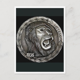 Lion. Hobo nickel coin. Postcard Briefkaart