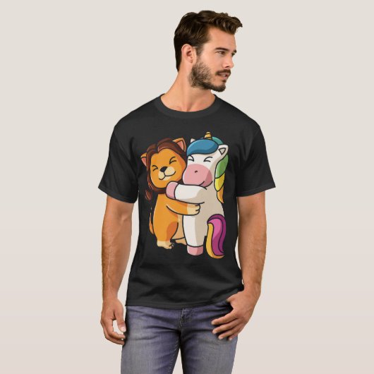 Lion hugging unicorn Hug Cuddle Animals retro T-shirt (Voorkant volledig)