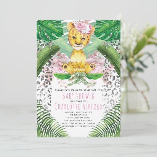 Lion Illustration Girl Safari Baby shower Kaart (Staand voorkant)