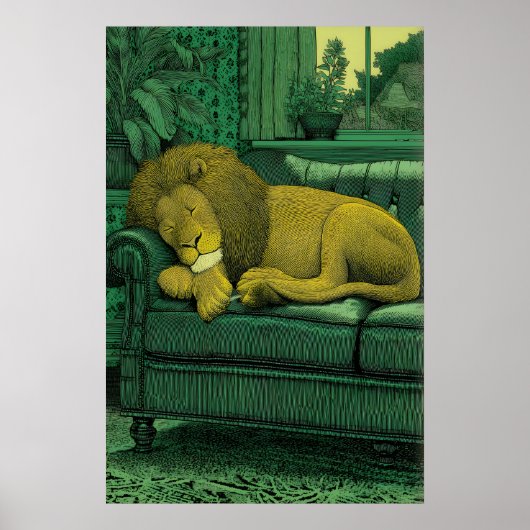 Lion Illustration Print Serene Indoor Setting (Voorkant)