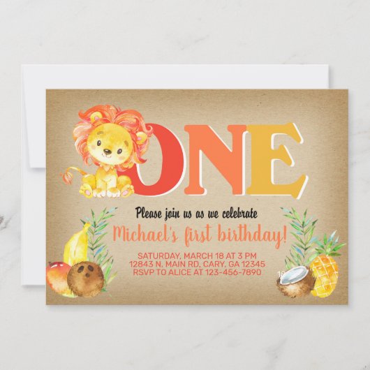Lion jongen uitnodigt voor 1 verjaardag, leeuw uit kaart (Voorkant)