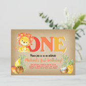 Lion jongen uitnodigt voor 1 verjaardag, leeuw uit kaart (Staand voorkant)