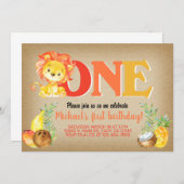 Lion jongen uitnodigt voor 1 verjaardag, leeuw uit kaart (Voorkant / Achterkant)