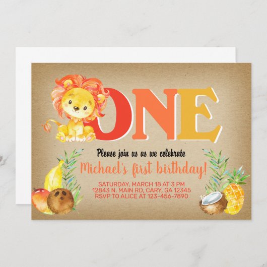Lion jongen uitnodigt voor 1 verjaardag, leeuw uit kaart (Voorkant / Achterkant)