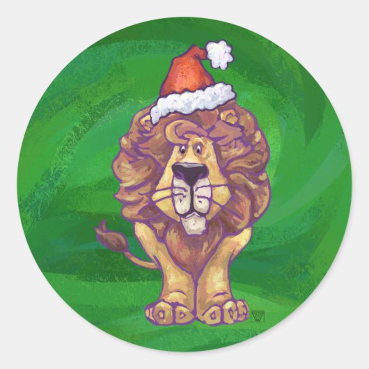Lion Kerstmis op groen Ronde Sticker (Voorkant)