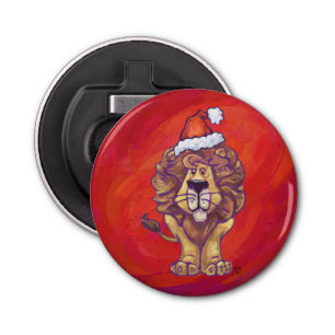 Lion Kerstmis op rood Button Flesopener