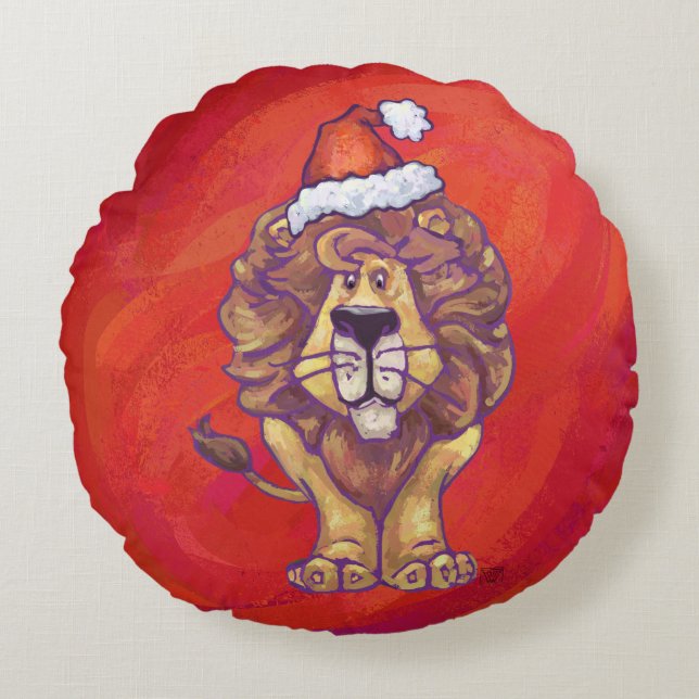Lion Kerstmis op rood Rond Kussen (Voorkant)